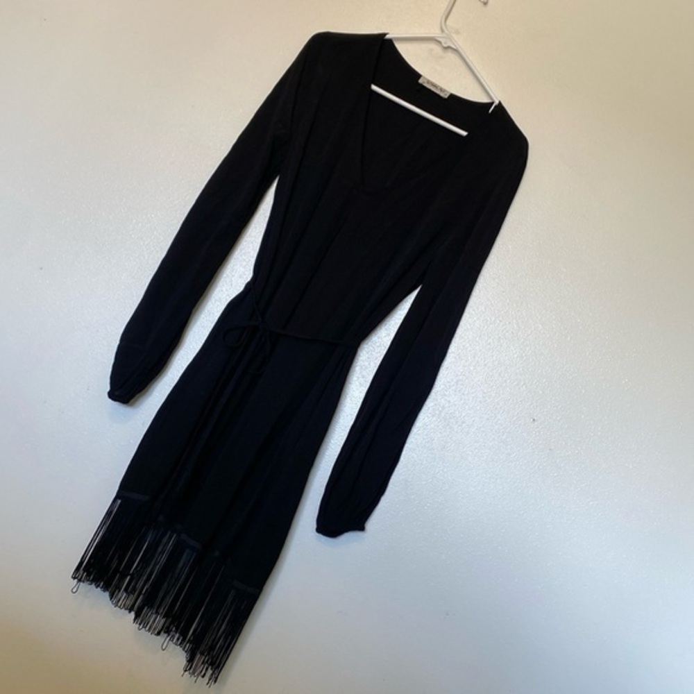 Sam & Lavi Los Angeles black fringe rayon made USA v neck dress S